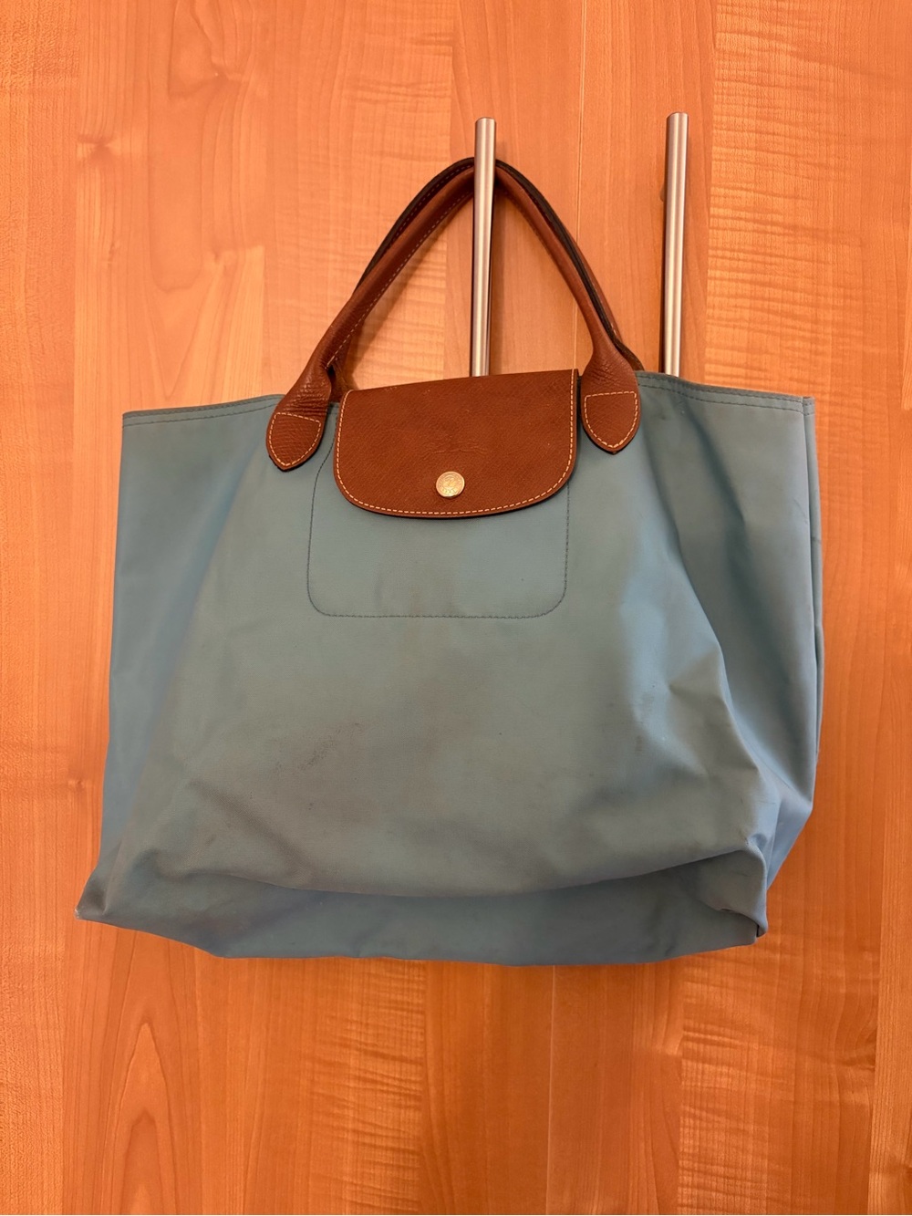 Longchamp Light Blue Le Pliage Tote with Short Handles